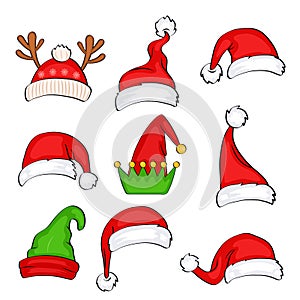 Christmas holiday hat. Funny elf, snow reindeer and Santa Claus hats wearing for noel sign. Elves fur cap clothes, decoration xmas