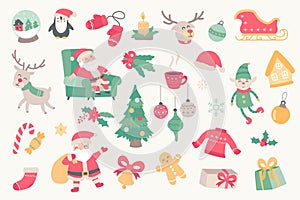 Christmas holiday isolated objects set. Collection of Santa Claus, elf, reindeer, penguin, tree, gifts, snowflakes, decor, clothes