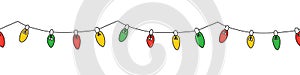 Christmas holiday lights seamless border. Repeating pattern line art light bulbs garland for Christmas holiday cards, banners,