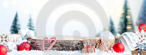 Christmas holiday mockup with wooden empty platform. Festive mood. Christmas time Place for christmas product presentation