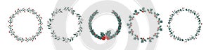 Christmas holiday photo frame. Holly berry branch wreath.