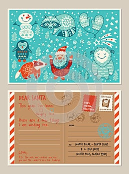 Christmas holiday post card and envelope with cute stamps