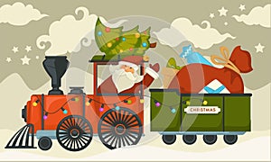 Christmas holiday preparation Santa Claus with evergreen tree riding old locomotive vector winter character
