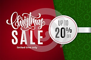 Christmas holiday sale 20 percent off with paper sticker on background with icons. Limited time only