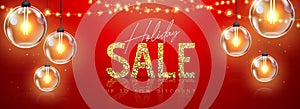 Christmas holiday sale banner with modern glowing lamps on red background