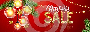 Christmas holiday sale banner with modern glowing lamps on red background