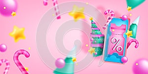 Christmas holiday sale banner, vector festive discount background, smartphone screen, 3D voucher.