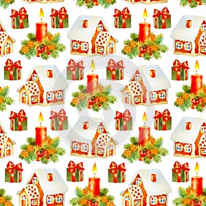Christmas holiday seamless pattern with hand paint watercolor christmas decoration