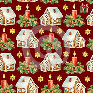 Christmas holiday seamless pattern with hand paint watercolor christmas decoration