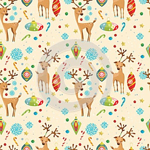 Christmas holiday seamless pattern with reindeer, snowflakes and