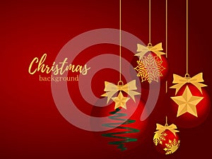 Christmas holiday season background with Christmas baubles ball with gold star and gold snowflake hanging on red background.