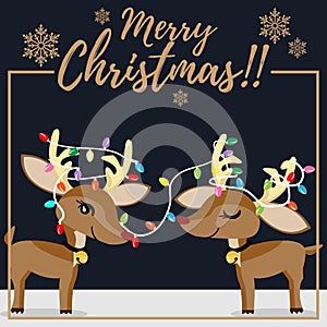 Christmas holiday season background with Christmas cartoon of cute reindeer with colorful Christmas light bulbs and snowflakes.