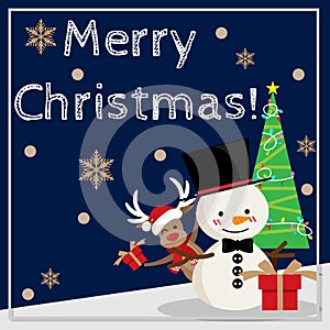 Christmas holiday season background with Christmas cartoon of Snowman, reindeer holding gift box, snowflakes and Christmas tree
