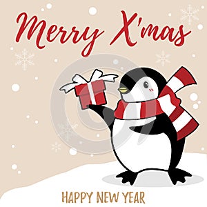 Christmas holiday season background with cute cartoon penguins in winter custom with gift box on snow hill.