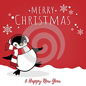 Christmas holiday season background with cute cartoon penguins in winter custom on snow hill.