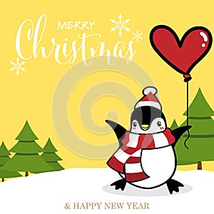 Christmas holiday season background with cute cartoon penguins in winter custom on snow hill with balloon and Merry Christmas text