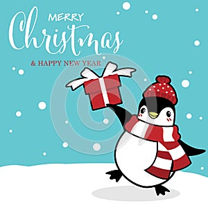 Christmas holiday season background with cute cartoon penguins in winter custom on snow hill with gift box.