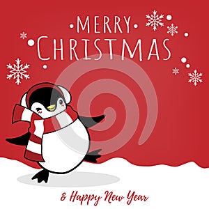 Christmas holiday season background with cute cartoon penguins in winter custom on snow hill and Merry Christmas text.