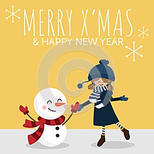 Christmas holiday season background with Cute girl in winter custom with snowman and MERRY X`MAS & HAPPY NEW YEAR text.