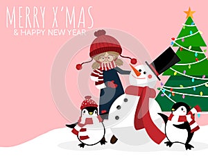 Christmas holiday season background with cute girl in winter custom with snowman, penguins, Christmas tree.