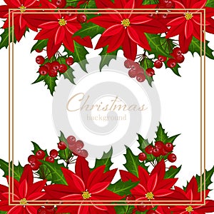 Christmas holiday season background with Red Poinsettia Christmas flower and holly berries. photo