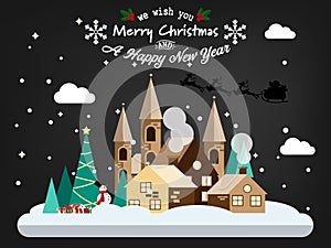 Christmas holiday season background with Santa Claus on the sky coming to snowing urban landscape.