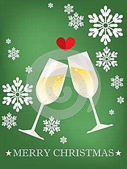 Christmas holiday season background of two glasses of champagne in flat design with red heart.