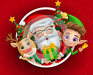 Christmas holiday season characters vector background design. Christmas characters of cute santa claus, reindeer and elf.