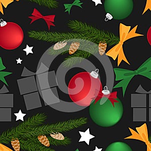 Christmas holiday season seamless pattern with Christmas baubles ball, ribbon, pine branch, star and gift box.