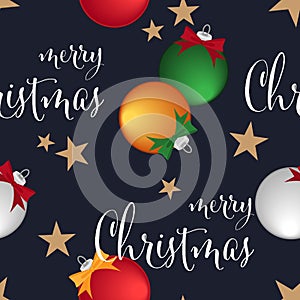 Christmas holiday season seamless pattern with Christmas baubles ball, ribbon, star and Merry Christmas text.