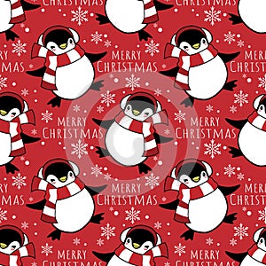 Christmas holiday season seamless pattern with cute cartoon penguins in winter custom.