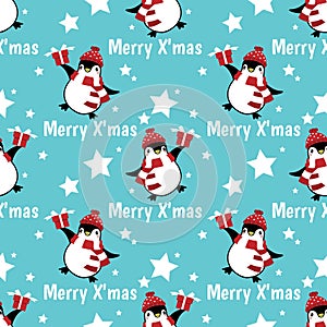 Christmas holiday season seamless pattern with cute cartoon penguins in winter custom.