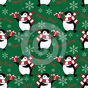 Christmas holiday season seamless pattern with cute cartoon penguins in winter custom with gift box.