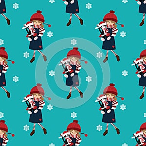 Christmas holiday season seamless pattern with Cute girl in winter custom with cute cat doll and snowflakes.