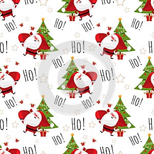 Santa Claus with red bags, Christmas tree, star, gift box and Ho text seamless pattern.
