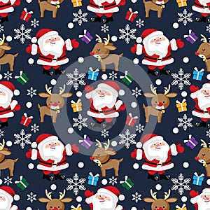 Christmas holiday season seamless pattern with Santa Claus, reindeer, snowflake and gift box.