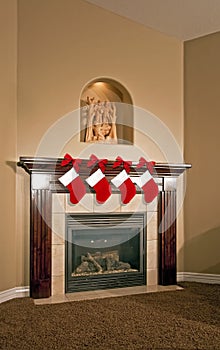 Christmas Holiday Stockings on Fireplace Mantel