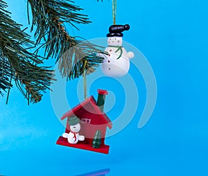 Christmas holiday theme with Christmas wooden toys. On a blue background