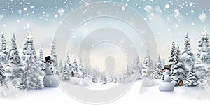 Christmas holiday trees, Border snow background, Snowflakes