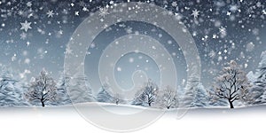 Christmas holiday trees, Border snow background, Snowflakes