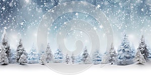 Christmas holiday trees, Border snow background, Snowflakes