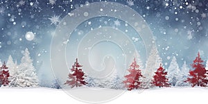 Christmas holiday trees, Border snow background, Snowflakes