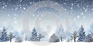 Christmas holiday trees, Border snow background, Snowflakes