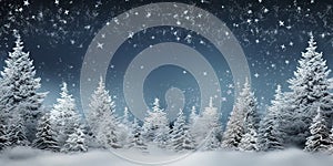 Christmas holiday trees, Border snow background, Snowflakes