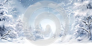 Christmas holiday trees, Border snow background, Snowflakes