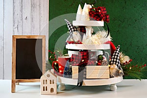 Christmas holiday on-trend Farmhouse aesthetic three tiered tray decor.