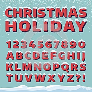 Christmas holiday vector font. Retro 3d letters with snow caps