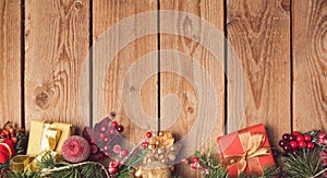 Christmas holiday wooden background with decorations and ornaments.