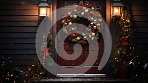 Christmas holiday wreath hanging on a door, adorned with shimmering ornaments and twinkling lights