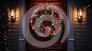 Christmas holiday wreath hanging on a door, adorned with shimmering ornaments and twinkling lights